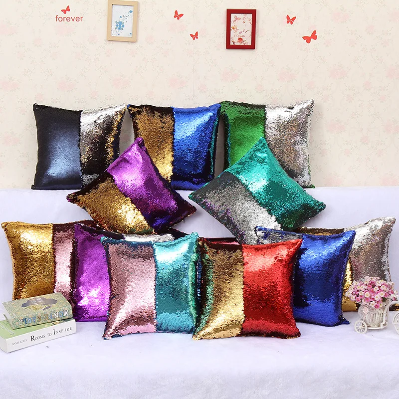 Reversible Sequin Decorative Mermaid Pillow Cover Color Red & Gold 