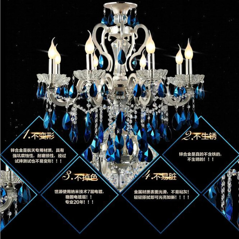 

European alloy living room candle light silver crystal chandeliers 6 heads 8 heads 15 blue high-end bedroom dining room lights