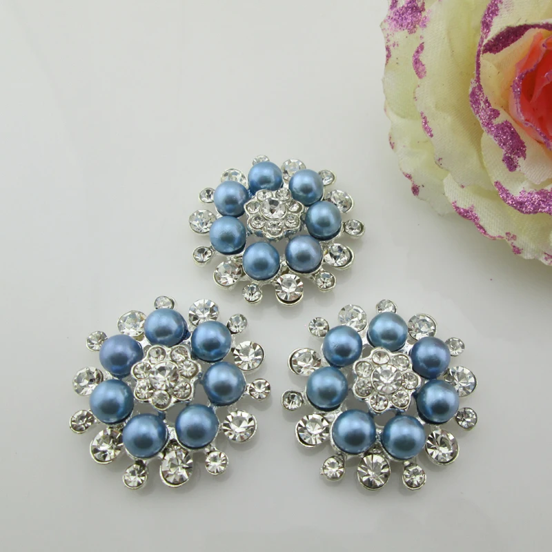 

(BT202 33mm)5pcs flower blue pearl alloy button rhinestone buttons flat back embellishment DIY hair accessory