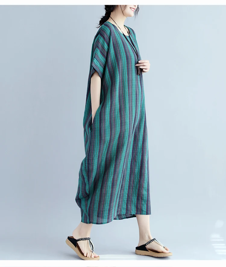 2018 Summer Big Size Vintage Short Sleeve O- Neck Striped Straight Dress Retro Large size Tunic Baggy Loose Vestidos | Женская одежда