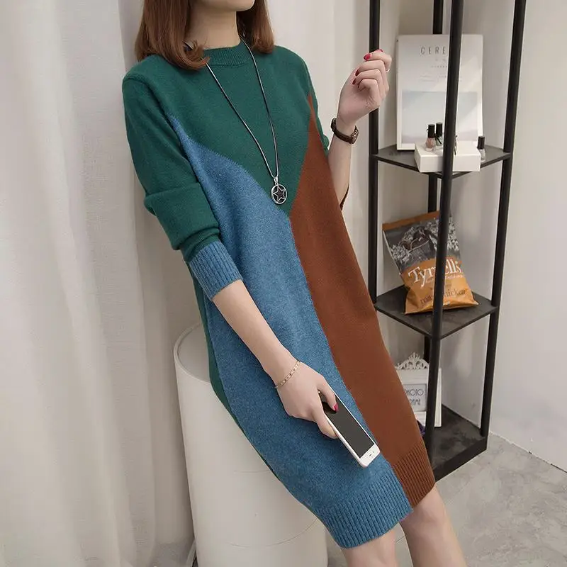 

2019 Plus Size 3XL New Women Autumn Winter Sweater Dress Female Long Sleeve Patchwork Fashion Middle Long Knit Pullovers Tops D8
