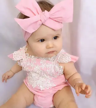 

Newborn Infant Baby Girls Sweet Lovely Summer Bodysuit Short Sleeve Lace Floral Pink Covered Button Bodysuit Headband 2PCS