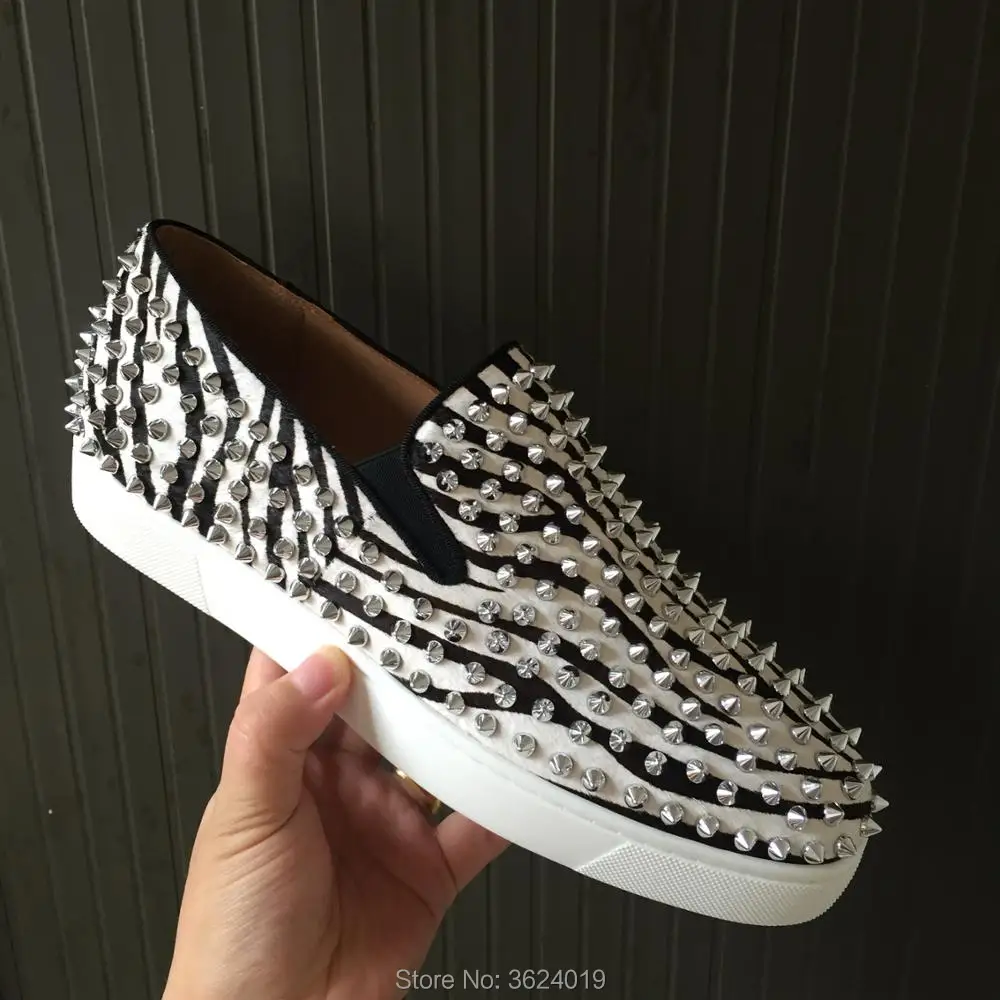 

clandgz White Leopard horsehair whole Rivets High quality Red bottom Sneakers shoes Leather Loafers 2018 Male Footwear