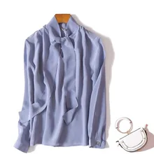 Новинка, 19 м, шелковая футболка с двойным креповым воротником, осенняя голубая футболка с длинными рукавами, женская рубашка OL Fan