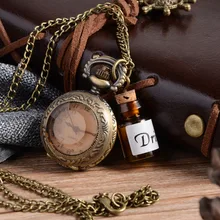 Винтажные стеклянные карманные часы Alice In Wonderland Drink Me Bottle темно-коричневого цвета с откидной крышкой, кварцевые часы для женщин, подарок для девушек, ожерелье в стиле стимпанк