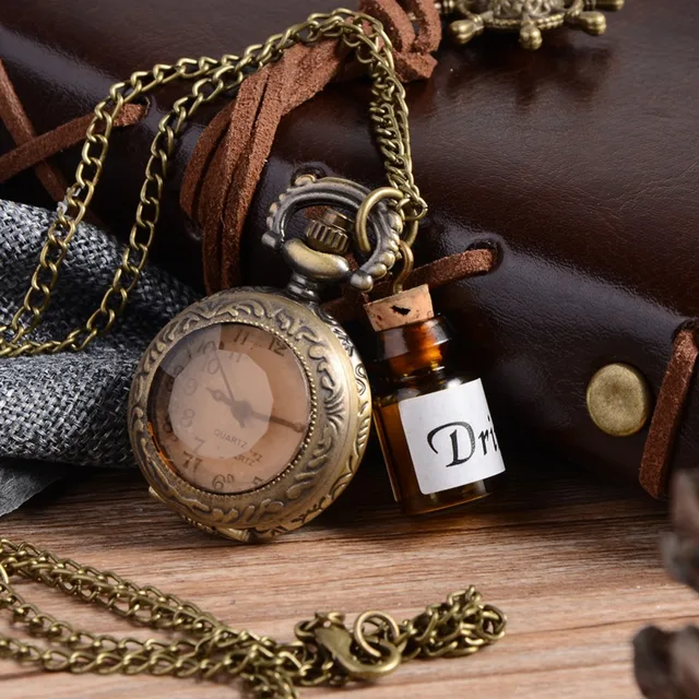 Vintage Glass Alice In Wonderland Drink Me Bottle Dark Brown flip Quartz Pocket Vintage Glass Alice In Wonderland Drink Me Bottle Dark Brown flip Quartz Pocket
