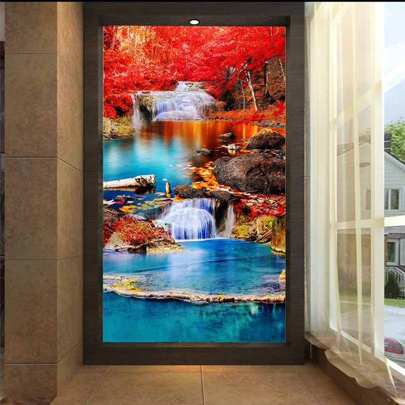 

3D customized mural wallpaper medium-size oil painting with red maple river pattern as vertical background the corridor screen