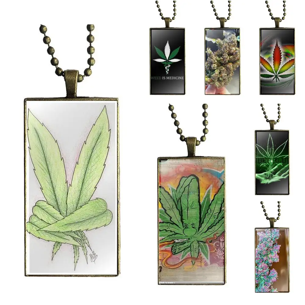 

EJ Glaze Weed Cool Glass Cabochon Choker Pendant Rectangle Necklace Bronze Color Jewelry For Women Girls