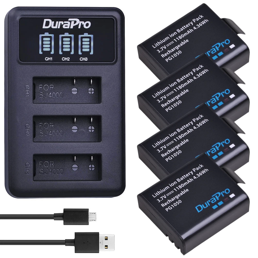 4x 1180mAh PG1050 SJ4000 Camera Battery LED 3 Slots USB Charger for SJCAM SJ4000 SJ5000 SJ6000