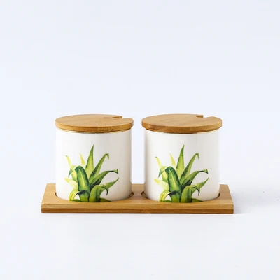 Зеленые листья сахарница домашняя кухня Ceramica для соли и специй Приправа горшок банки с ложками - Цвет: 2 pcs design C
