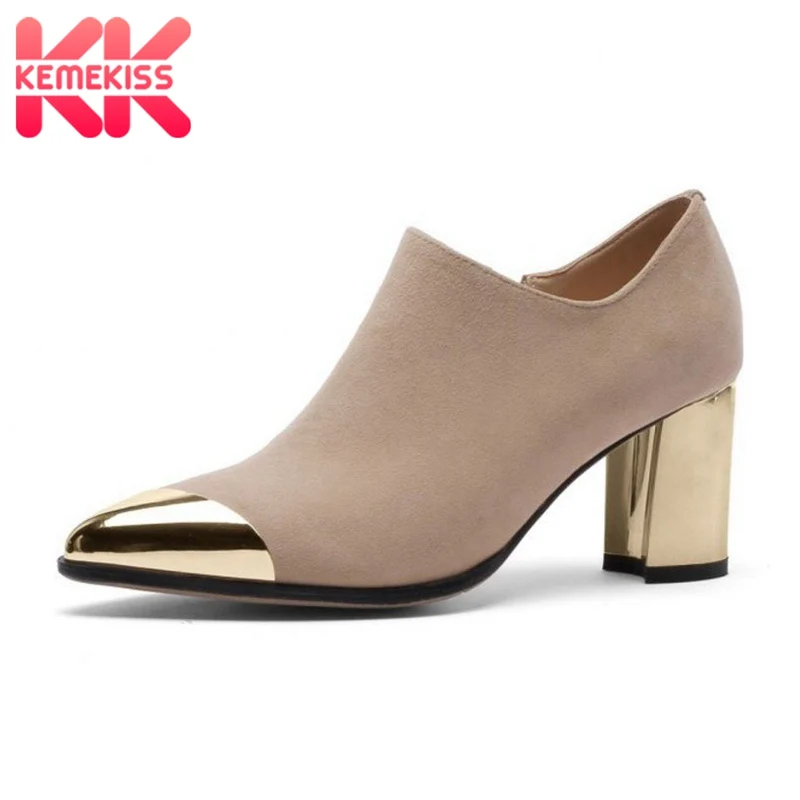

KemeKiss Women High Heel Shoes Genuine Leather Shoes Women Bling Metal Pointed Toe Fashion Zipper Office Footwear Size 34-39