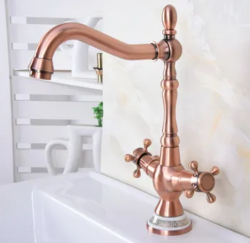 Antique Red Copper Brass Dual Cross Handles Bathroom Kitchen Basin Sink Faucet Mixer Tap Swivel Spout Deck Mounted mnf621 wholesale and retail deck mounted chrome brass bathroom basin faucet dual handles vanity sink mixer tap waterfall spout
