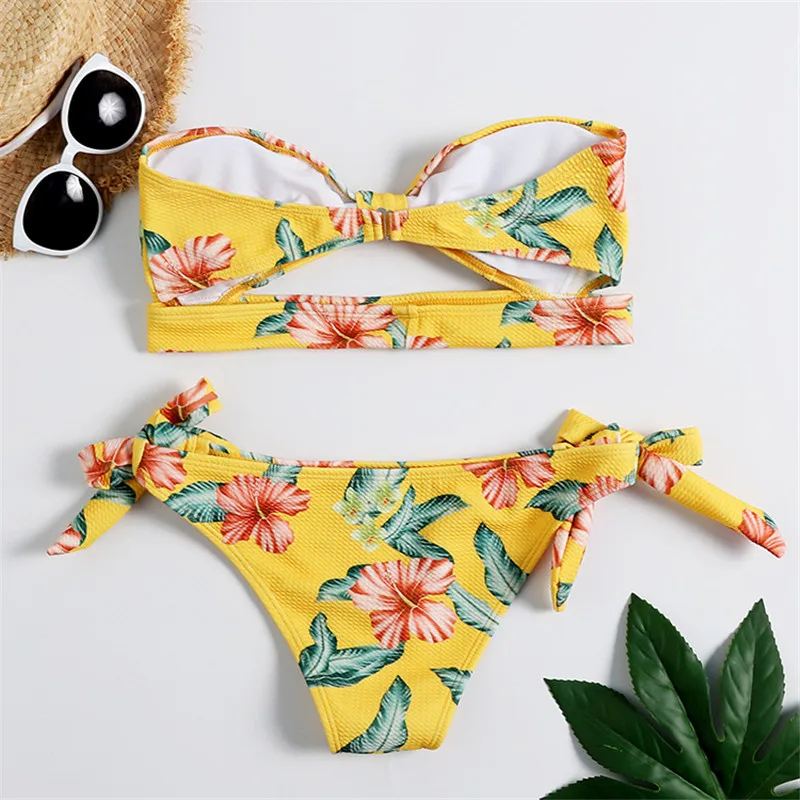 

2019 New Sexy Bikini Woman Yellow Print Seamless Two Piece Swimsuit Female Low Waist Swimwear Beachwear Bath Suit