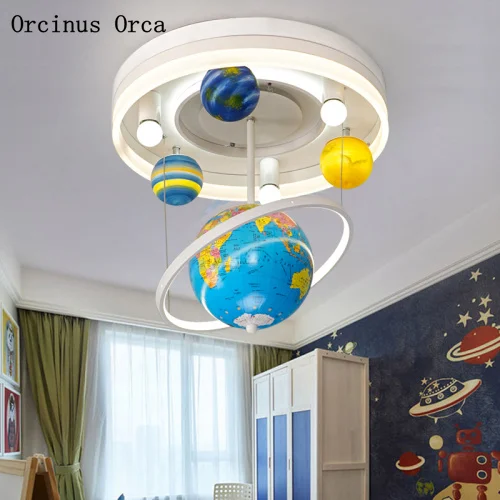 Cartoon Creative Rotary Globe Chandelier Boys Bedroom Children's Room Light Modern Simple LED Planet Chandelier free shipping