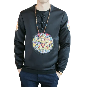 

Loldeal Plus Size Embroidery Pullover Track Suits Sweatshirt Men Pan Kou Chinese Style Mens Casual Hoodies Round Collar
