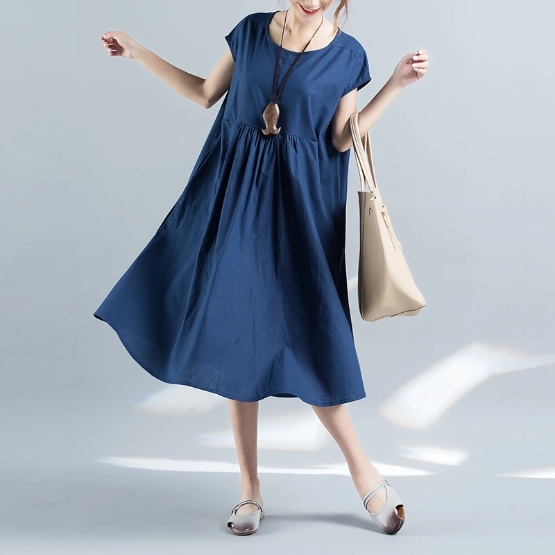 

2019 New Elegant Casual Ladies Blue Women Dress Short Sleeve Summer Dress Loose Round Neck Fashion Cotton Dresses Vestidos