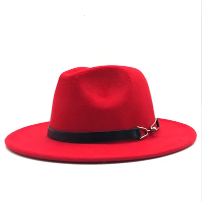 red Новые женские и мужские шерстяные винтажные Гангстерские фетровые шляпы из Трилби с широкими полями, элегантные женские зимние осенние джазовые кепки с поясом - Цвет: red