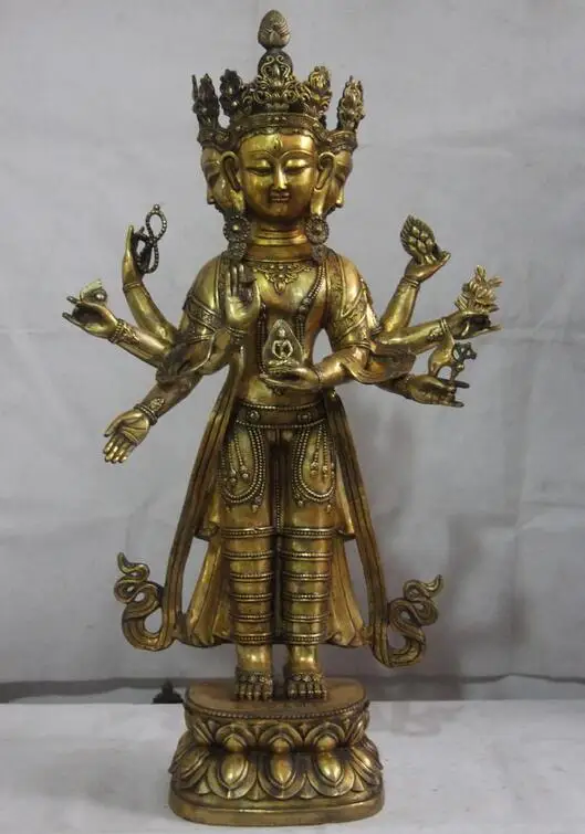 

Bronze Copper Four Face Head Eight Arm Hands Kwan-yin Buddha Statue