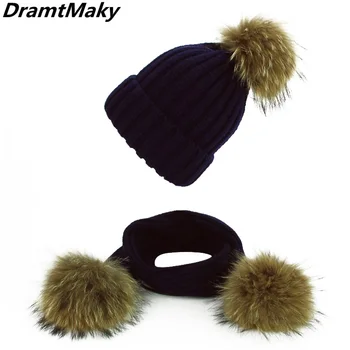 

PomPom fur ball Winter Hat Beanie Warm Knitted Bobble Fur Pompom Hat and Scarf Set Women Men Real Raccoon Fur Pompon Winter Hat