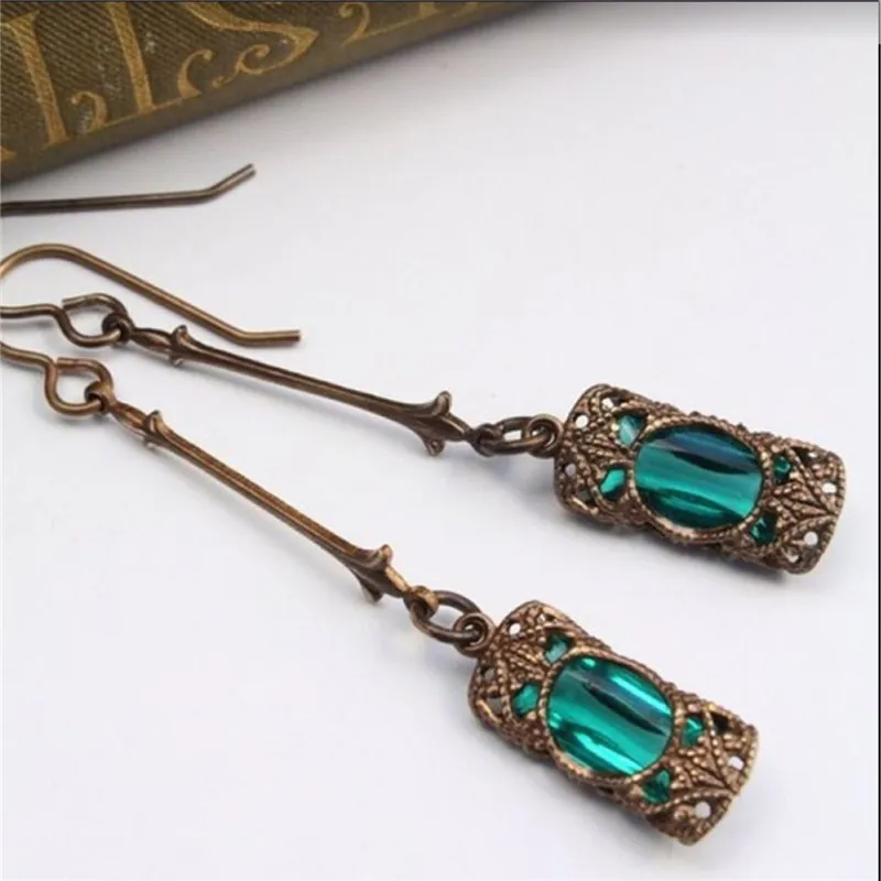 

Long Blue&green Stone Dangle Earrings for Women Bohemian Jewelry Antique Silver Drop Earrings Anniversary Drop Earrings E3M068