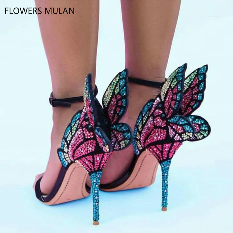 

New Arrivals Multicolor Rhinestone Sandals Female Shoes Luxury Crystals Heel Butterfly Sandals High Heel Bridal Party Shoes