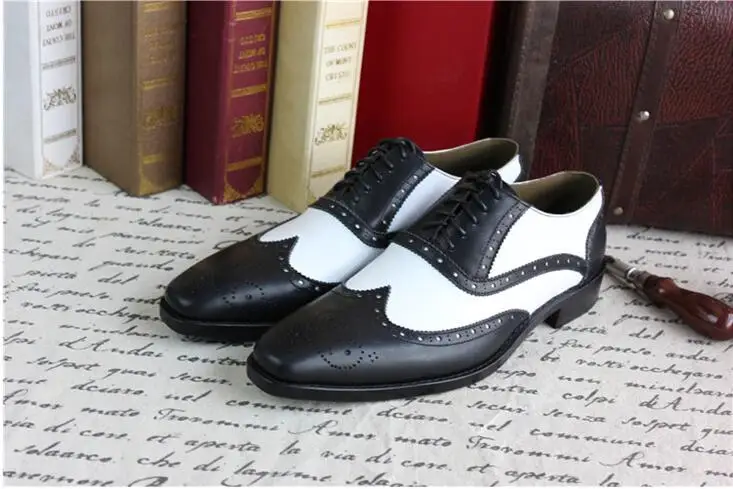 black and white wingtip tuxedo shoes