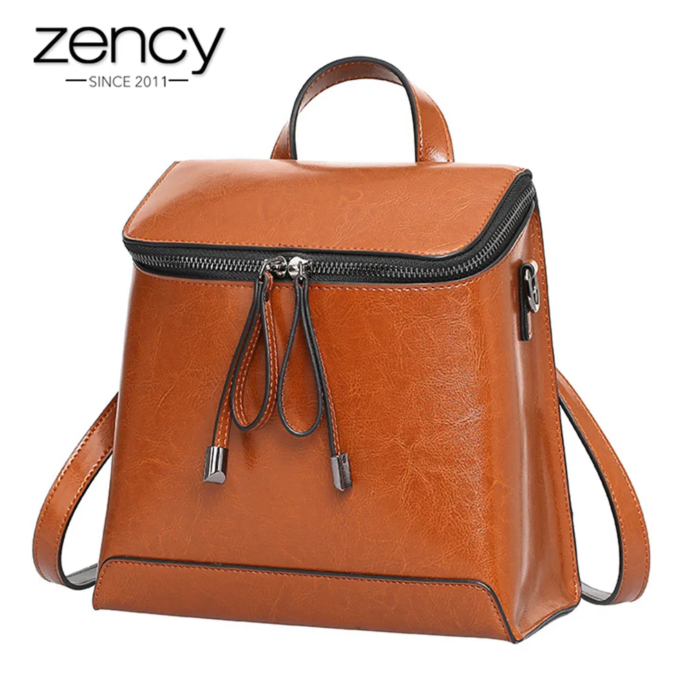 

Zency 100% Genuine Leather Knapsack Fashion Brown Women Backpack Casual Lady Travel Bag Girl's Schoolbags Notebook Preppy Style