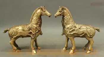 

Folk China Brass Lucky Lotus Dragon Kylin Unicorn Year Zodiac Horse Statue Pair