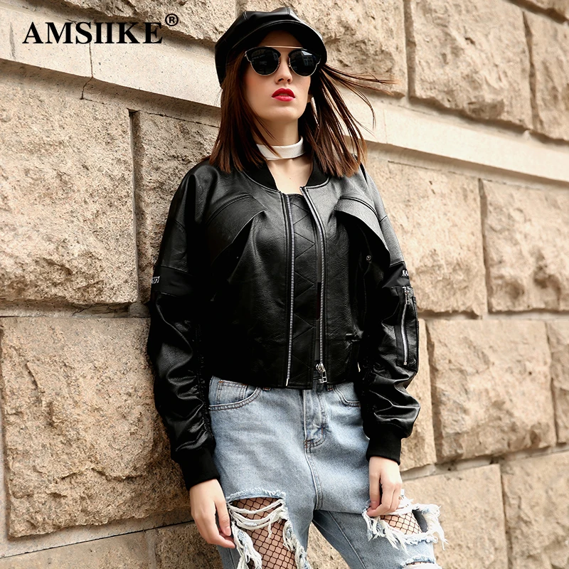 

AMSIIKE Women Leather Jackets 2019 Autumn Fashion Black Batwing Sleeve Coat Spliced Embroidery Pattern Pockets Jacket A17219