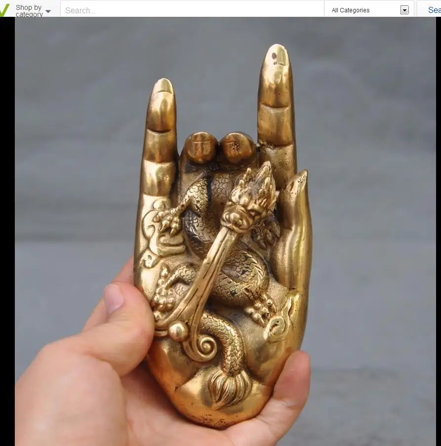 

2375<<+china chinese Feng shui brass Zodiac Year Animal Dragon zun Buddha hand statue