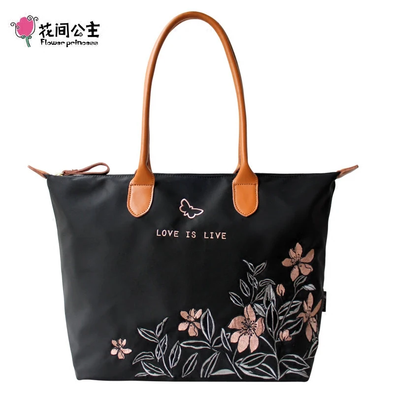 

Flower Princess Nylon Embroidery Women Handbags Fashion Casual Tote Bags Original Design Shoulder Bags Waterproof Lady Bag