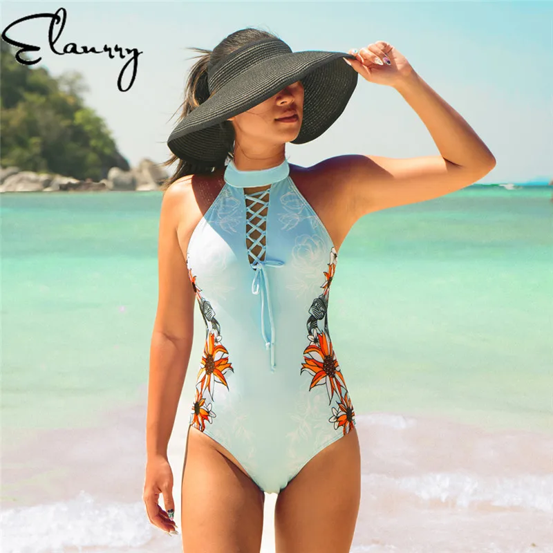 

2018 One Piece Women Swimsuit High Neck Bandage Bathing Suit Ladies Floral Print Beach Wear Push Up Sexy Swimwear Monokini