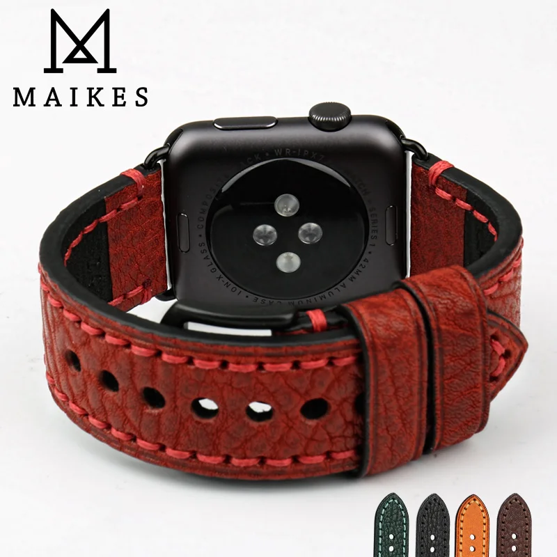 Ремешок для часов MAIKES из натуральной кожи черный браслет Apple Watch 44 мм 40 42 38
