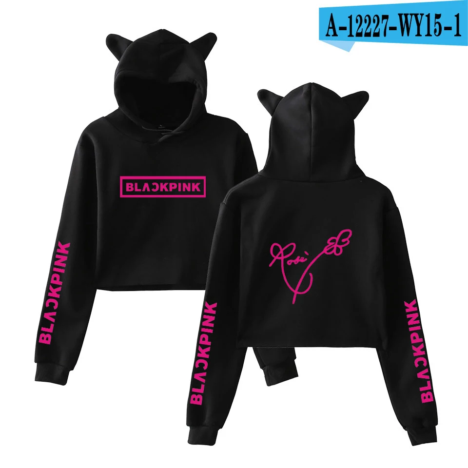 Luckfridayf Blackpink kpop kawaii Кепка с кошачьими ушками Топ сексуальные толстовки кофты Кот кружевной кроп-топ розовый Кей-поп Харадзюку Толстовка - Цвет: black