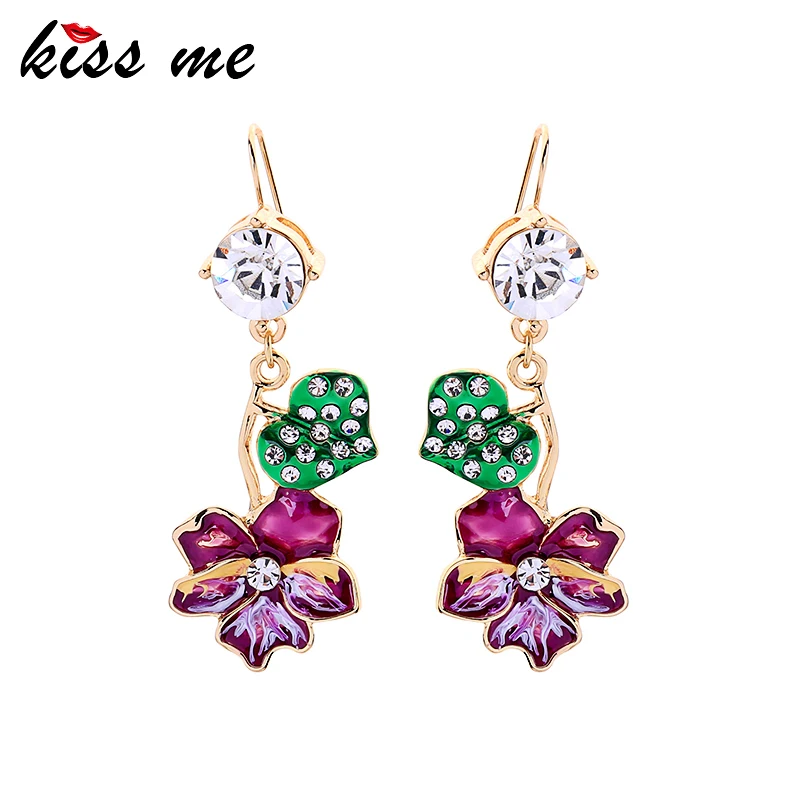 

KISS ME Unique Colorful Enamel Flower Crystal Leaves Drop Earrings For Women Gifts 2019 New Dangle Earrings Fashion Accessories