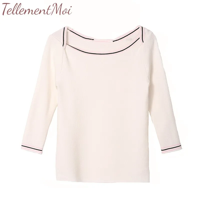 2019 Spring Women Simple Sweater Long Sleeve Stretchy Knitted Pullovers Slash Neck Contrast Jumpers Knit Shirt Clothes Chic Tops 2019 Spring Women Simple Sweater Long Sleeve Stretchy Knitted Pullovers Slash Neck Contrast Jumpers Knit Shirt Clothes Chic Tops