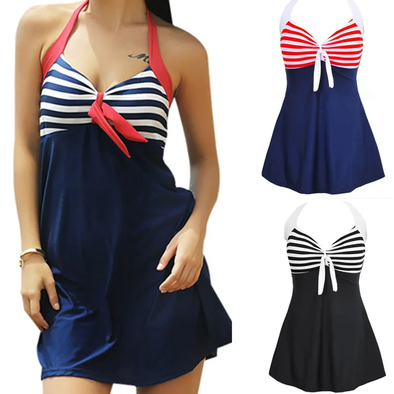 S 3XL plus size swimwear dress women one piece swim suit dress Stripe ...