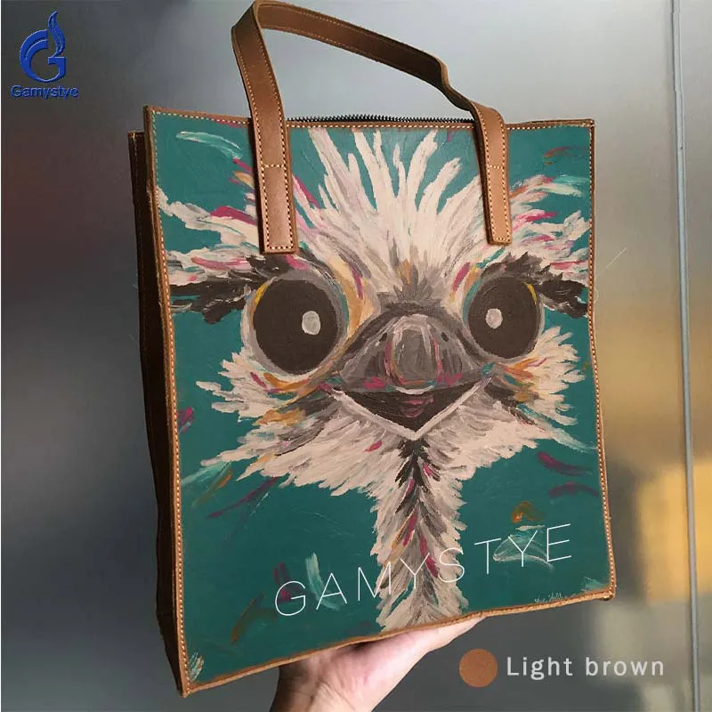 

Customize Gift Art Paint Hand Drawing Ostrich Animal Totes Grain Cowhide Leather Bag Handbag Women Hand bag Genuine Leather