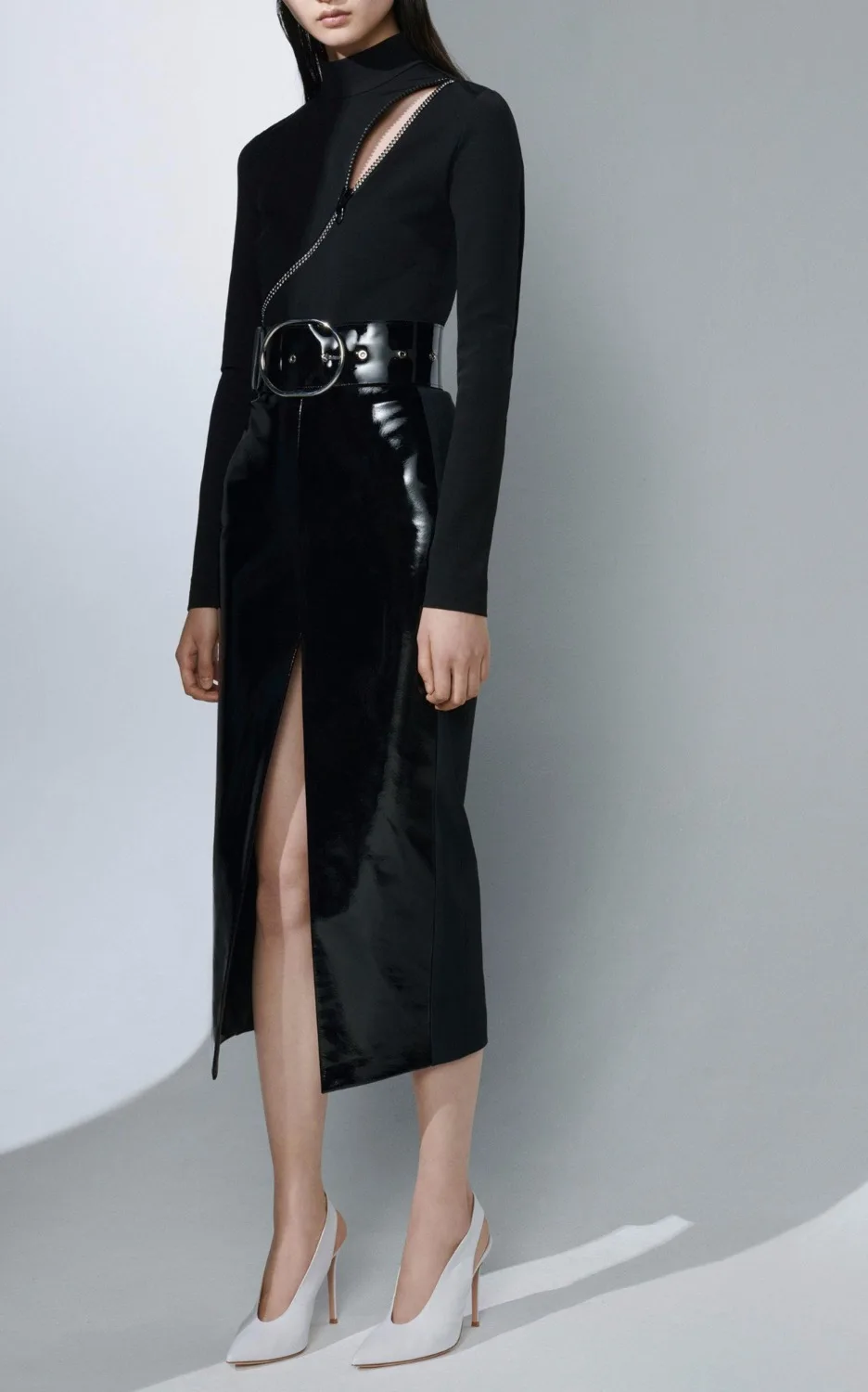 

Fashion Bandage Dress Sexy Women Night Club Party Vintage Full Zippers Turtleneck black patchwork PU leather Dresses Wholesale