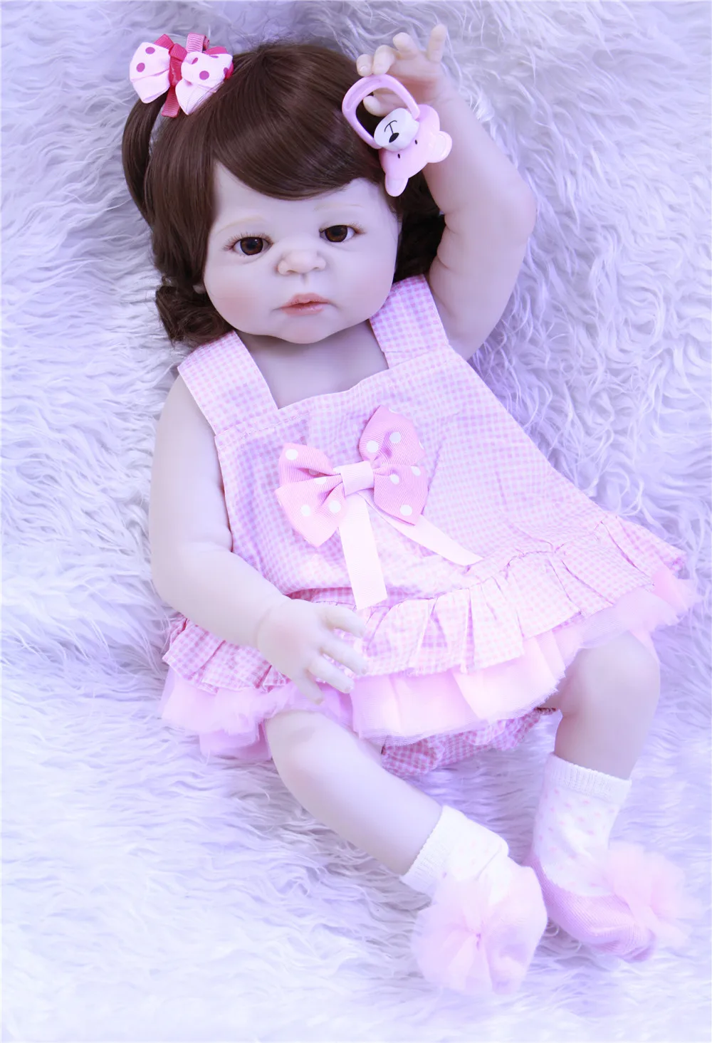 boneca pink skirt girl Full Silicone bebe Reborn Baby Doll Rooted Hair