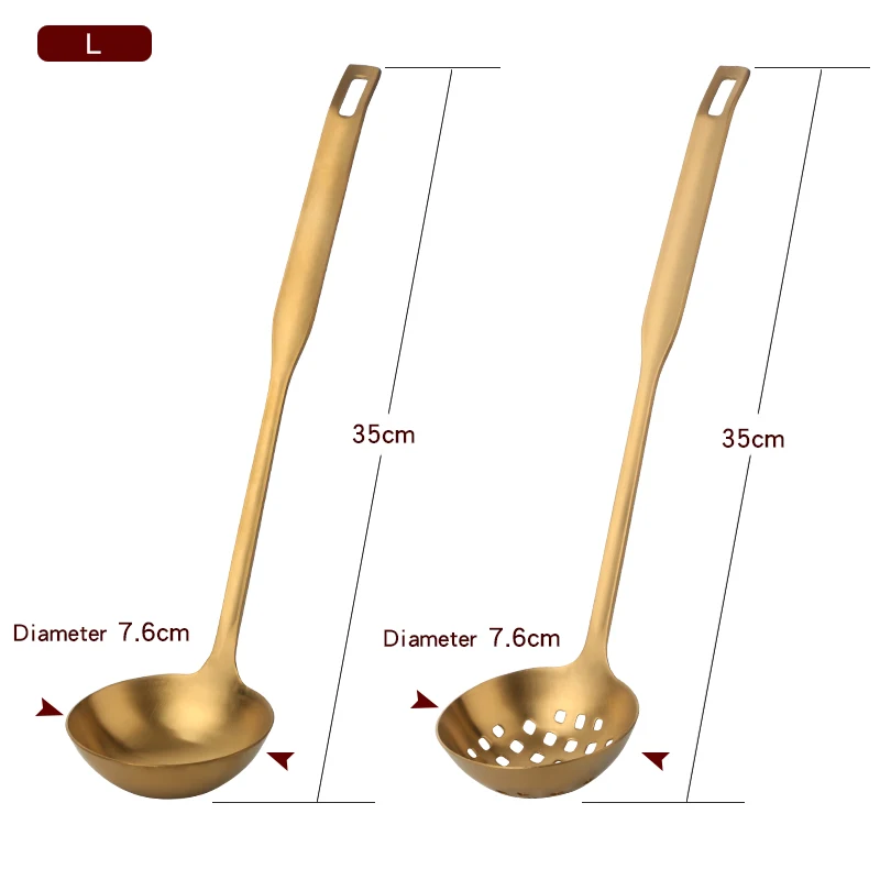 2 шт посуда из нержавеющей стали матовый суп половник и половник-дуршлаг набор кухонных инструментов длинная ручка щелевая ложка с отверстиями настенный - Цвет: Gold -big set