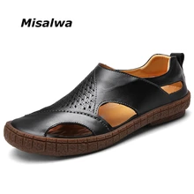 Misalwa Модные дышащие мужские удобные летние сандалии мужские прочные сандалии из натуральной кожи повседневная кожаная обувь на плоской подошве