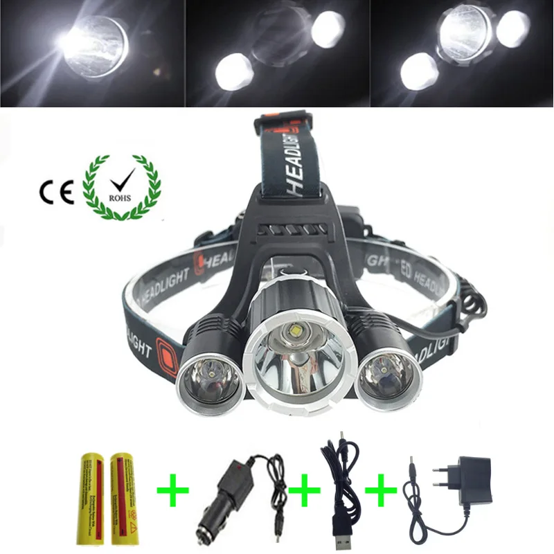  3 LED Headlight 8000 Lumens C-XM-L T6 Head Lamp High Power LED Headlamp +2pcs 18650 5000mah battery Charger+car charger 