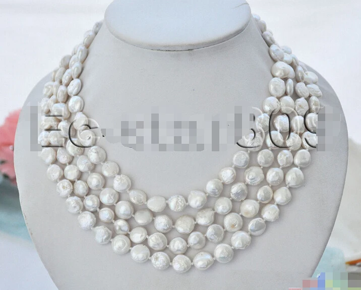 

P5371 4row 19" 11mm coin white Freshwater Cultured Pearl Necklace ^^^@^Noble style Natural Fine jewe FREE SHIPPING