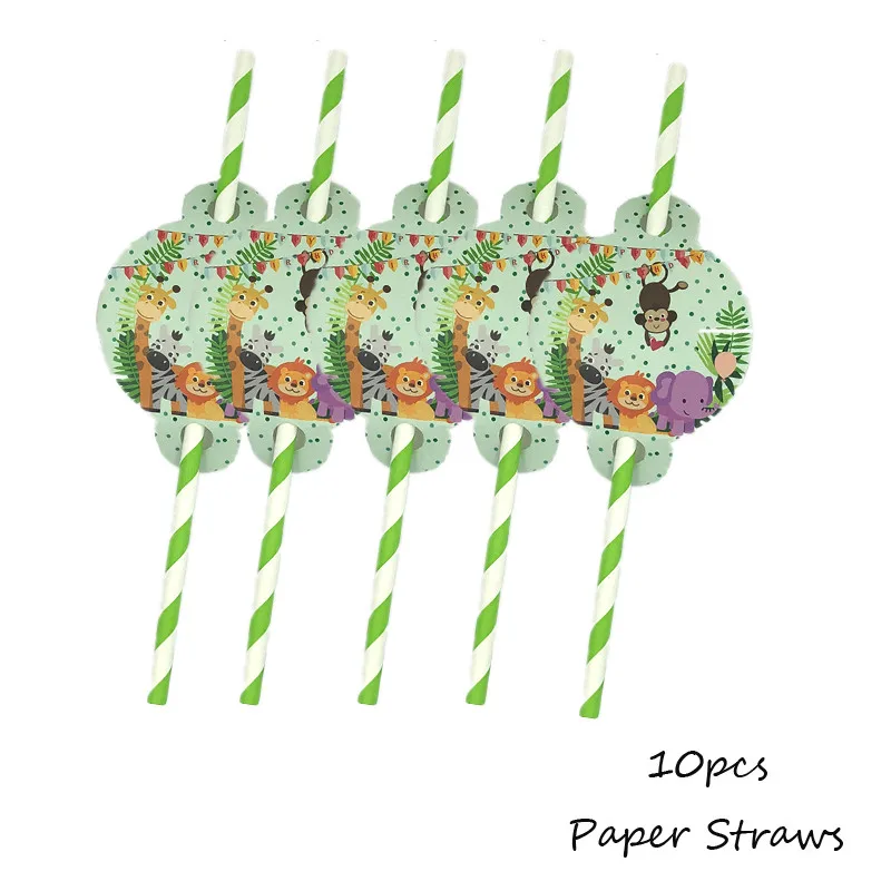 Одноразовые столовые приборы Omilut Jungle для вечеринки в честь Дня Рождения, одноразовые тарелки/чашки/салфетки, принадлежности для детского душа, декор сафари - Цвет: 10pcs paper straws