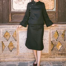 Осень и зима Новое поступление Cheongsam стиль Боковой разрез ретро Половина юбка Женская шерстяная юбка черный D585