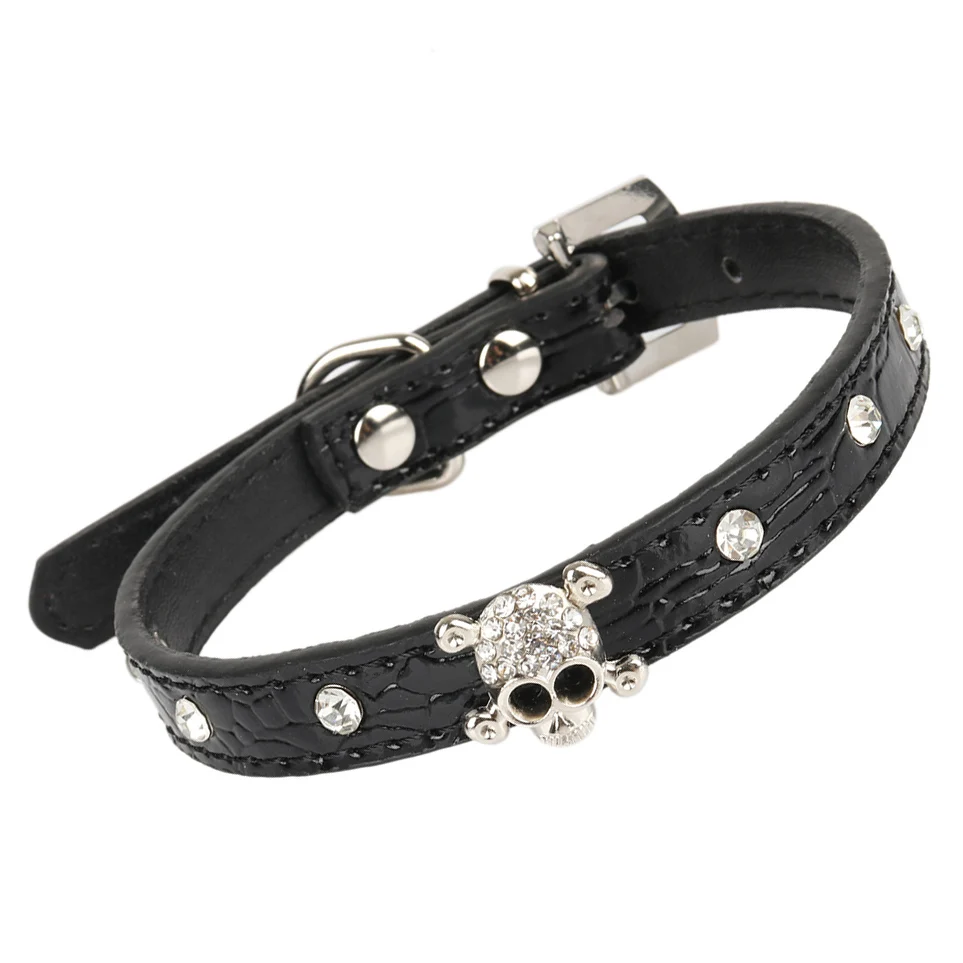 Crystal Skull Cats Collars Glossy Crocodile Skin PU Leather Collar for