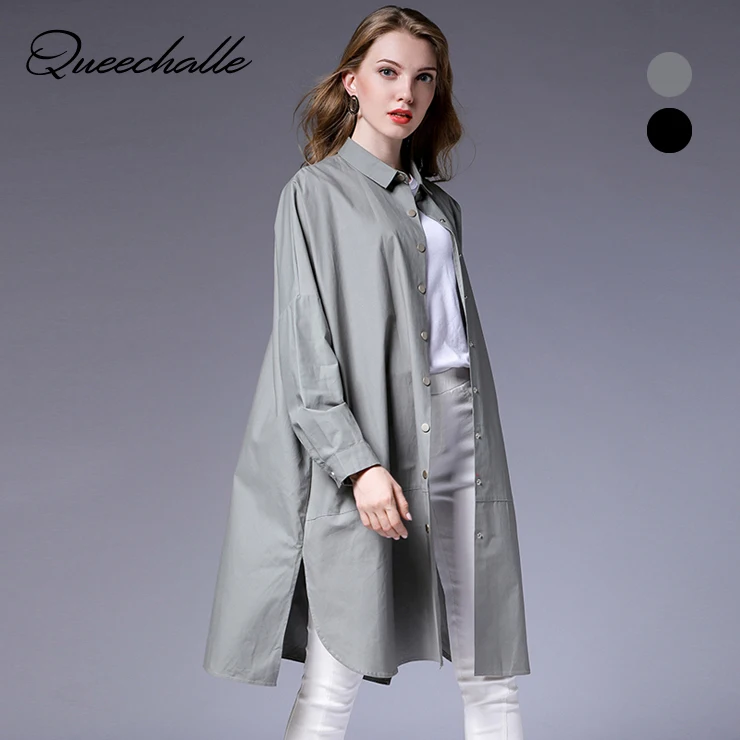 Femelle Manteau Col Turn Longueur Automne down De Vêtements Queechalle Femmes Grande Long Taille coat Mi gris Noir Trench 2018 Décontracté Lâche Genou q7pEwE