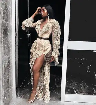 

Top Quality Khaki Black V-neck Lace Open Fork Jumpsuit Evening Party Fashion Jumpsuit