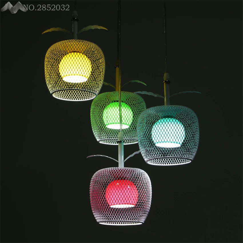 

America Creative Colorful Apple Glass Pendant Lights 4 Heads Cage Lamps for Bedroom Restaurant Cafe Indoor Lighting Decoration